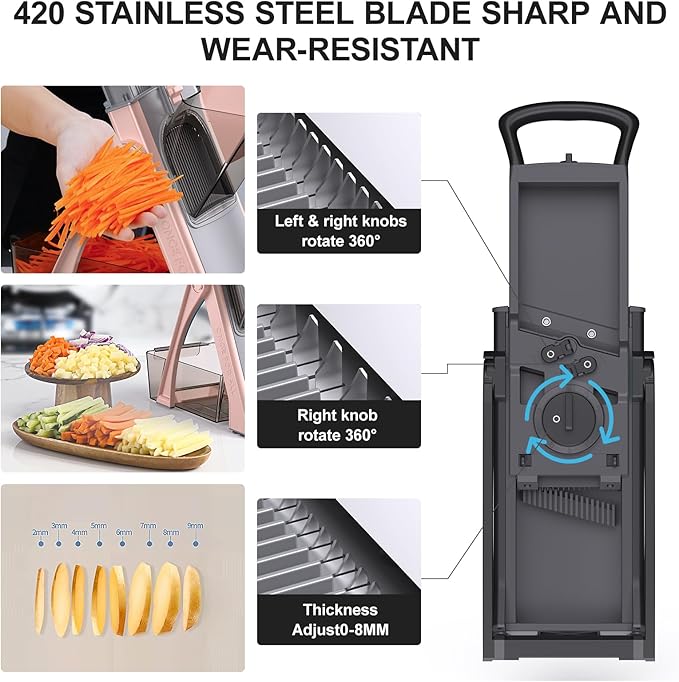 [All in 1] Upgraded Version Safe Mandoline Slicer for Kitchen, Adjustable Thickness. Veggie Slicer, Rapid Prep Mandoline, Detachable Blade, Cleaning Brush/Paring Knife (Black Knight)