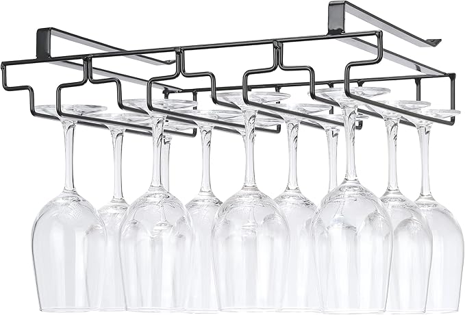 Wine Glass Rack Under Cabinet Drilling Free No Screw Steamware Holder Under Shelf Metal Wine Glasses Holders 304 Stainless Steel Hanger Storage Organizer Hanging Glass Fit for Bar Kitchen 4 Rows Black