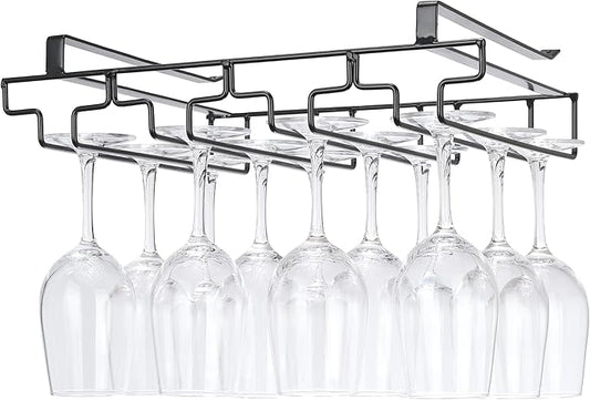 Wine Glass Rack Under Cabinet Drilling Free No Screw Steamware Holder Under Shelf Metal Wine Glasses Holders 304 Stainless Steel Hanger Storage Organizer Hanging Glass Fit for Bar Kitchen 4 Rows Black