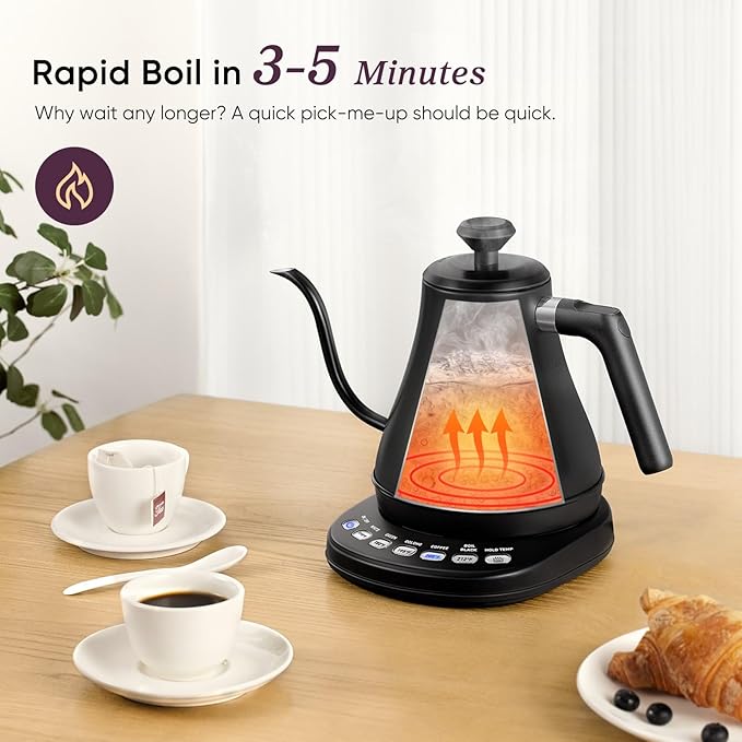 Cosori Electric Gooseneck Kettle with 5 Temperature Control Presets, Pour Over Kettle for Coffee & Tea, Hot Water Boiler, 100% Stainless Steel Inner Lid & Bottom, 1200W, 0.8L, Black