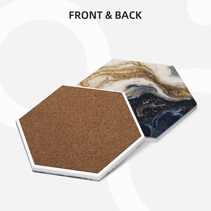 Modern Blue Beige Gold Marble Set of 6 Drinks Ceramic Coasters with Holder Funny Absorbent Cup Coasters with Cork Desk Table Protection Coffee Table Decor