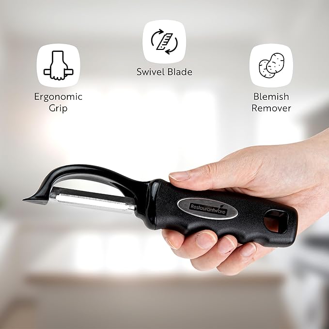 Restaurantware Comfy Grip 7.5 Inch Vegetable Peeler 1 Durable Potato Peeler - Sharp Swivel Blade Ambidextrous Handle Blue Stainless Steel Veggie Peeler Built-In Blemish Remover
