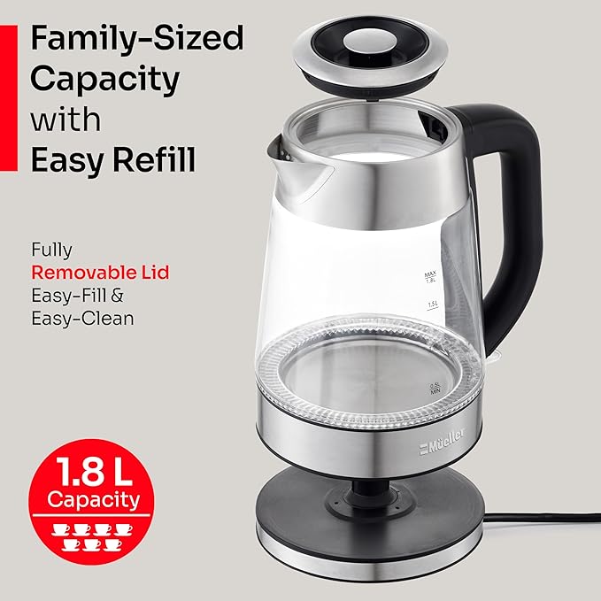 MUELLER HOME Rapid Boil Electric Tea Kettle 1.8L – Borosilicate Glass & Stainless Steel – BPA-Free Hot Water Boiler, LED Light, Auto Shut-Off, Boil Dry Protection Fast Water Heater, Kitchen Appliances