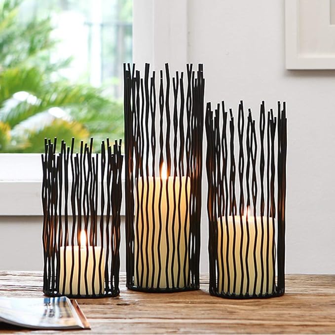 Metal Candle Holders for Pillar Candles - Creative Wire Candle Holder Set of 3 for Fireplace Mantel, Black Candlestick Holders for Table Centerpieces Halloween Christmas Birthday Party Home Decor