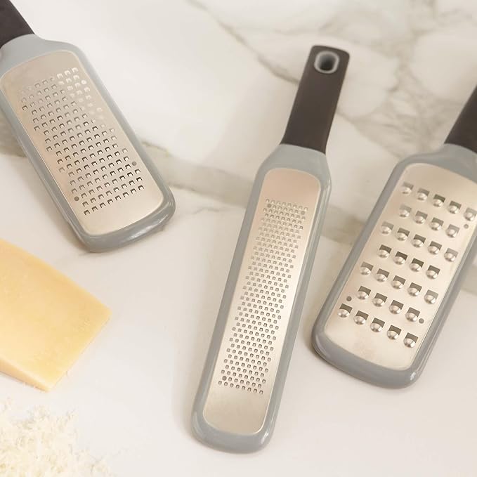 RSVP International Paddle Grater, Etched Steel Blades, Stainless Steel Hand Held Kitchen Cheese & Vegetable Shredder Comfort Grip Handle and Anti-Slip Foot and Safety Cover, Fine Zester