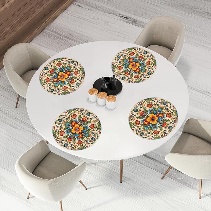 Round Placemats Set of 4, Carpet Pattern Woven Placemats Mats Non-Slip Heat Resistant Washable Table Mats Round Braided Place for Farmhouse Kitchen Dining Party Decor 15in