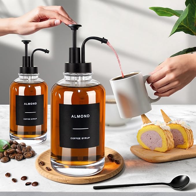 Coffee Syrup Dispenser for Coffee Bar, Set of 4 Simple Glass Syrup Bottle w. Pump and Labels, 16.9 oz 500ml Syrup Pump Dispenser, Syrup Dispenser w. Tray & Coffee Scoop