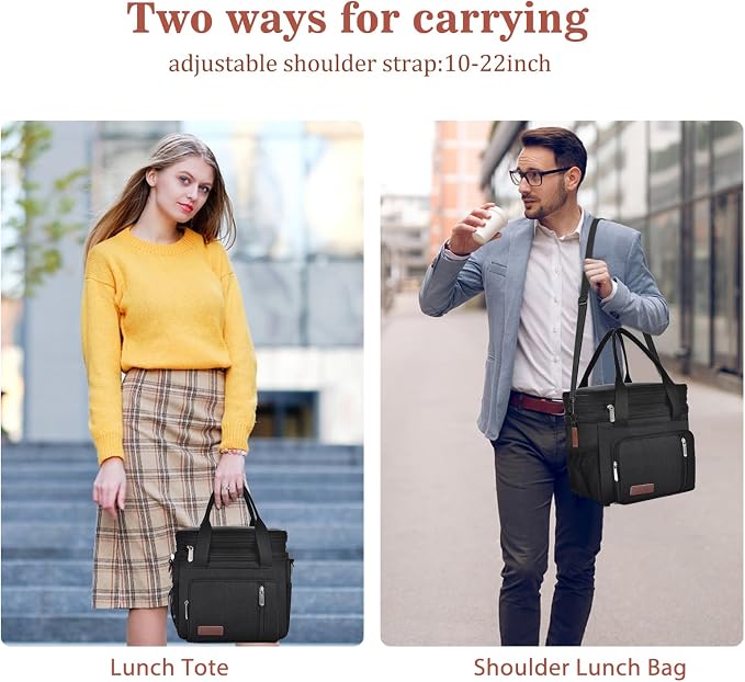 LOKASS Lunch Bag& Lunch Box for Men Women Double Deck,Large Insulated Adult Lunch Box Leakproof Lunchbox Cooler Bag for Work Picnic Beach, Black