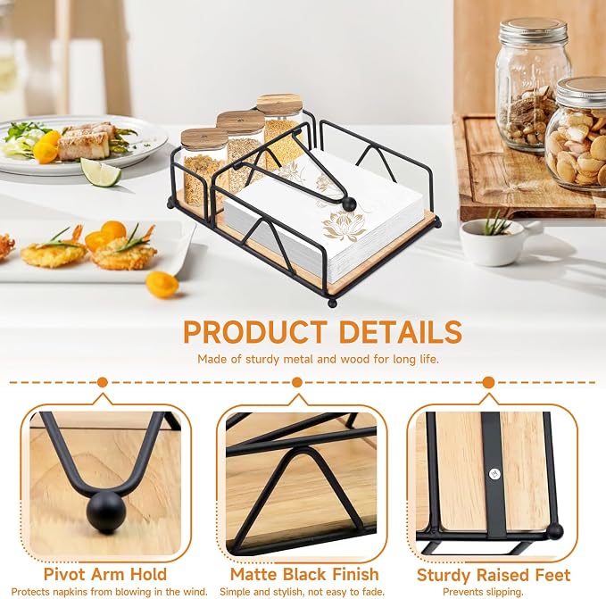 Napkin Holder for Table with Wooden Base, Metal Napkin Dispenser with Salt and Pepper Shakers Caddy, Modern Square Napkin Holders for Dining Table Decor, Kitchen, Outdoor, Party