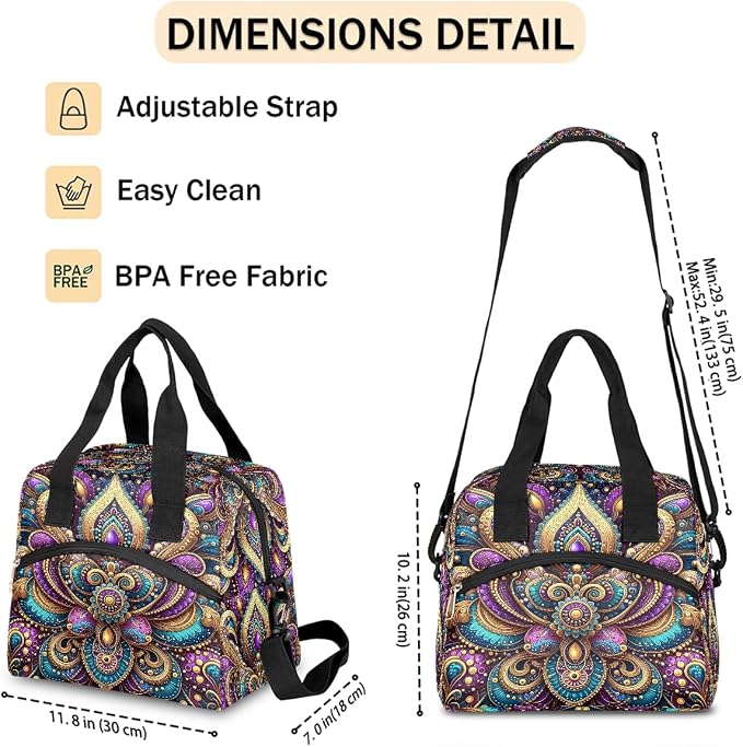 Pardick Ethnic Paisley Boho Insulated Lunch Bag for Women Leakproof Lunch Box Large Cooler Thermal Tote Bag with Shoulder Strap Meal Prep Bags for Work School Office Picnic Teen Girls Adult