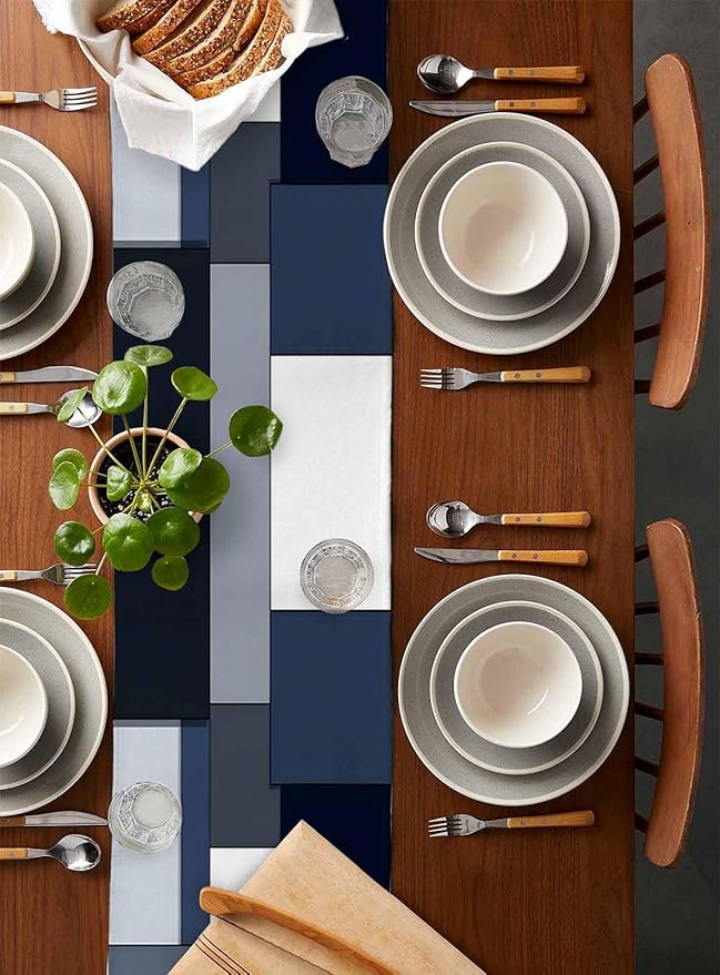 Modern Black White Table Runner 48 Inch Long Dresser Scarves Abstract Grey Blue Cotton Linen Tablerunners Patchwork Geometric Dining Kitchen Burlap Table Setting Decor for Party Holiday Home, 13"x48"