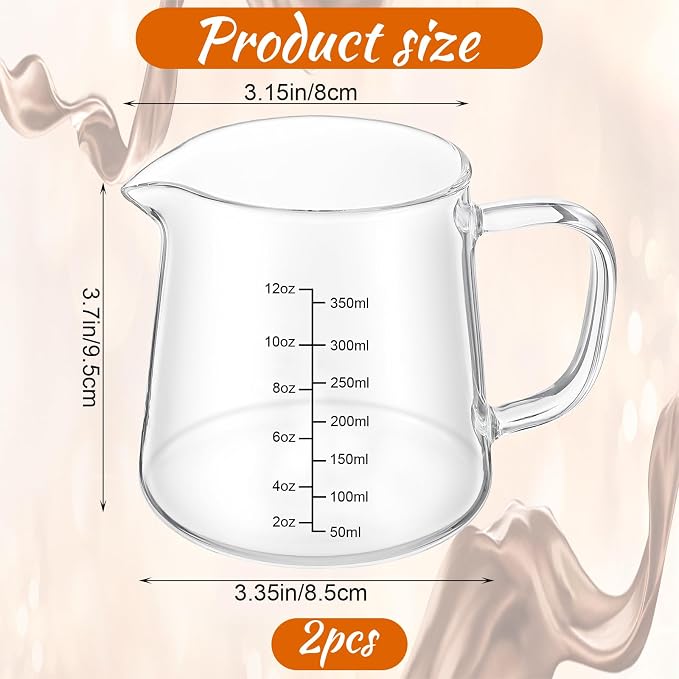 2 Pack 12 oz Coffee Measuring Glass Cups, Espresso Cups, Espresso Accessories, Expresso Shots Cup, Heat-resistant Glass Measuring Cup, Milk Frothing Pitcher, Frother Cup, Creamer Container, Microwave