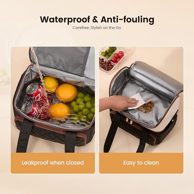 LOVEVOOK Insulated Lunch Bag for Women,Large Double Deck Adult Lunch Box,Teacher Lunch Tote Bag with Cup Holder,Leakproof Cooler Bag with Adjustable Shoulder Strap for Work Picnic Beach,Larger 15L