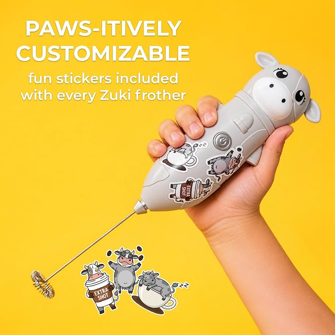 Zulay Kitchen Cow Milk Frother Wand – Cutesy Frother, Meet Your New Frothing Buddy Misty The Cow, Adoption Papers and Stickers Included, Purrr-fect for Lattes, Cappuccino & Matcha – Gray
