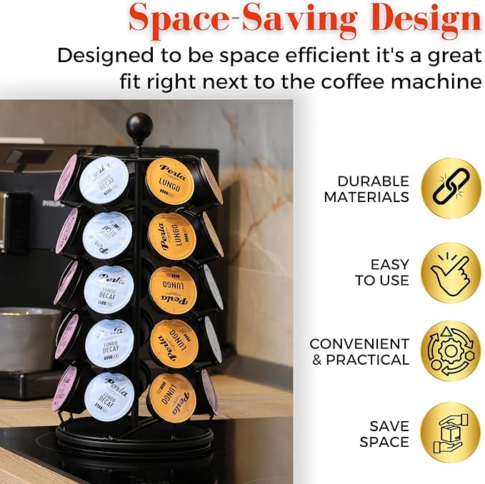 Coffee Capsule Holder – Pod Holder Compatible with K-Cup Pods – Durable and Elegant Pods Carousel for Kitchen Counters and Coffee Cart - Coffee Pod Holder for 35 Pods – 14.5 x 6.75-inch