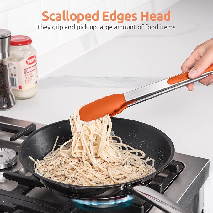 600ºF Heat Resistant Kitchen Tongs: U-Taste 9+12 inch Silicone Cooking Tong Set with Firm Sealed Non Stick Rubber Tips and Silicon Coated 18/8 Stainless Steel Handle for Serving Grilling Salad(Orange)