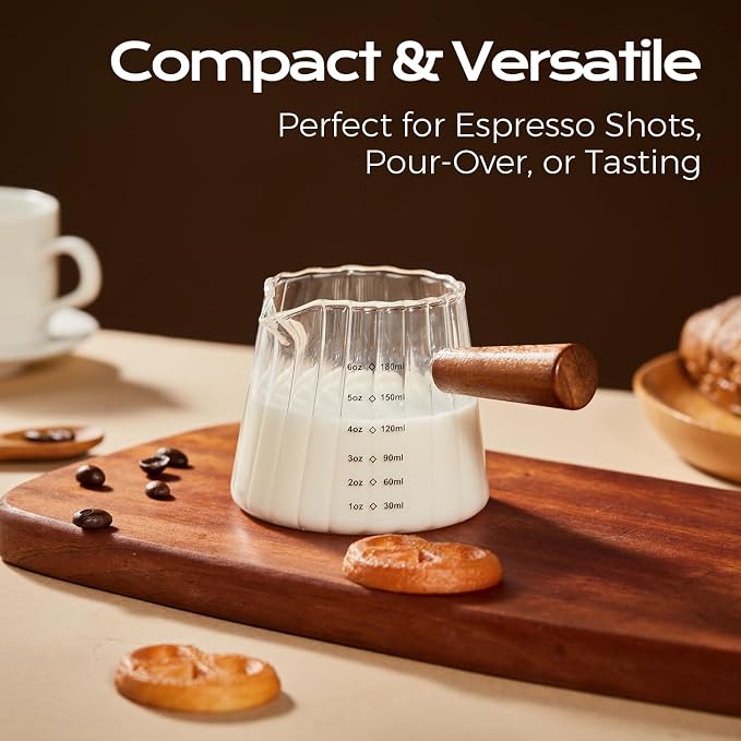 YARRAMATE 6 oz/180ML Glass Measuring Cup with Wooden Handle – Espresso Shot Cups, Ribbed Milk Frothing Pitcher, Dual Scale Markings, V-Shaped Mouth for Easy Pouring