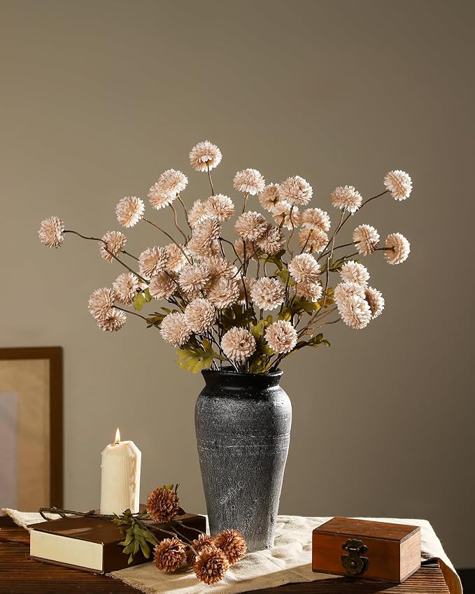 DuHouse 9pcs Artificial Flowers Faux Silk Pompon Mum,Silk Small Mini Chrysanthemum Ball with Stems for Wedding DIY Champagne Arrangements Bouquets Centerpieces Home Decorations(Beige)
