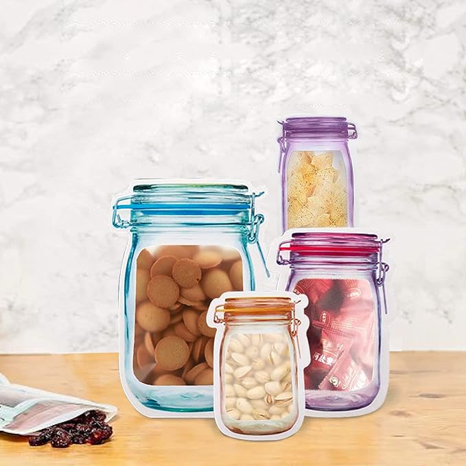 20 Mason Jar Bottles Bags Reusable Snack Bags Food Storage Bags Zipper Sealed Sandwich Bags Snack Storage Food Saver Bags for Nuts Cookies Freezer Safe