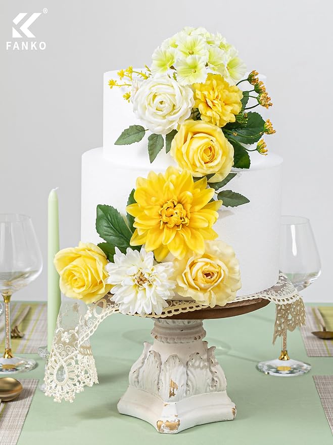 FANKO Artificial Flowers for DIY, Yellow Faux Flowers Bouquet, Fake Rose Dahlia Daisy Cosmos Silk Flowers for Vase, Home Decor, Garlands, Garden Wedding, Party, Birthdays