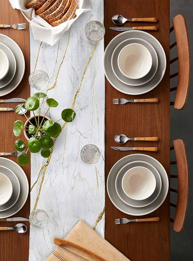 Marble White Gold Table Runner 90 Inch Long Dresser Scarves Modern Abstract Marble Cotton Linen Tablerunners Farmhouse Rustic Dining Kitchen Burlap Table Setting Decor for Party Holiday Home, 13"x90"