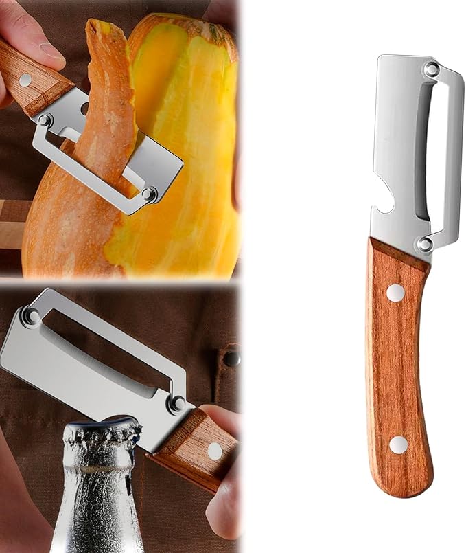 2-in-1 Vegetable Peeler with Bottle Opener, Multi-Functional Vegetable Peeler with Sharp Stainless Steel Blades, Suitable for Pumpkin, Papaya, Zucchini, Potato (1, Wooden)