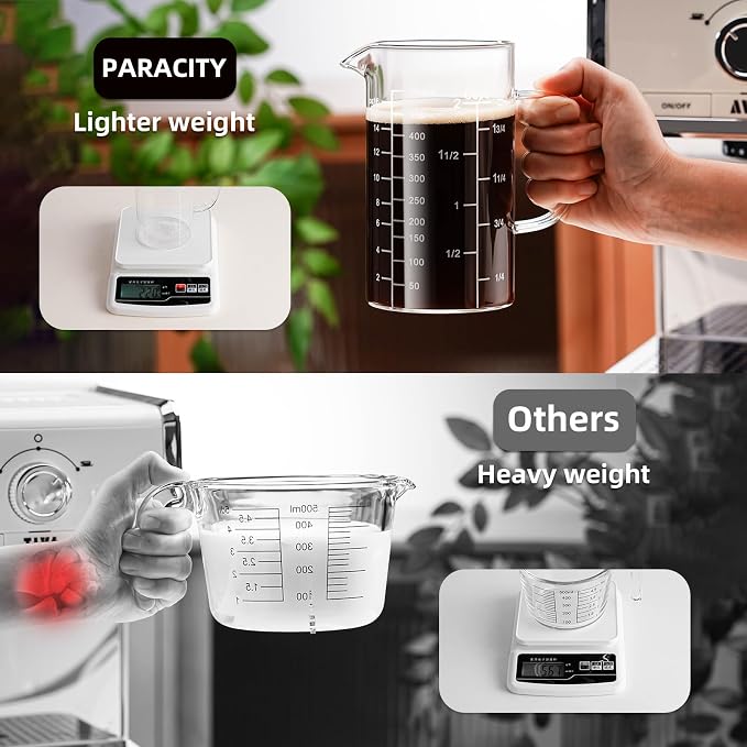 PARACITY 2 Cup Glass Measuring Cup, Liquid Measuring Cups with three Scale and V-Shaped Mouth, Glass Coffee Cups with Handle, Glass Beaker for Kitchen or Restaurant 500 ML