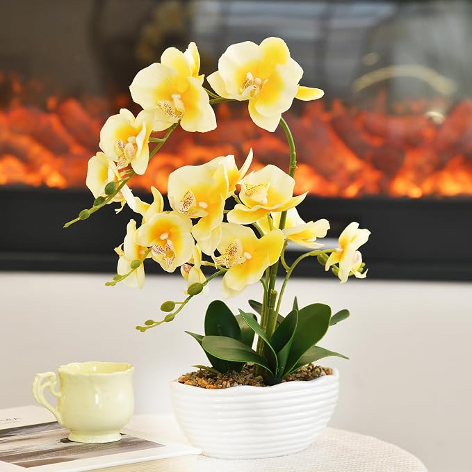 19" H Phalaenopsis Faux Orchid Plant Silk Orchid Centerpiece Artificial Floral Arrangement in Ceramic Pot (Yellow)