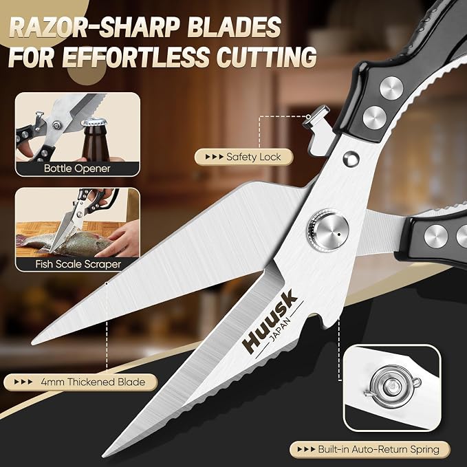 Huusk Heavy Duty Kitchen Shears Set – All Purpose Japanese Kitchen Scissors for Chicken, Meat, Fish, Vegetables & Pizza, Poultry Shears with Ergonomic Non-Slip Black Handle, Gifts for Women Men