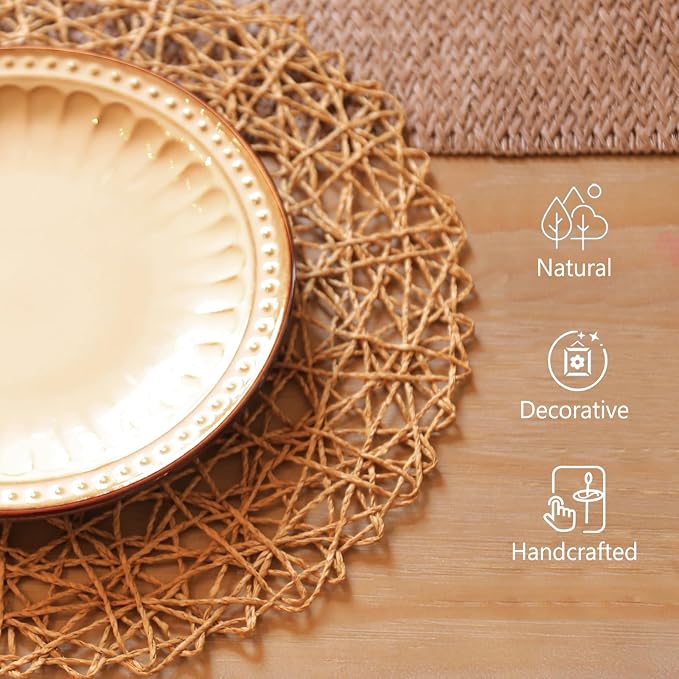 AHHFSMEI Paper Braided Round Placemats Set of 12 Natural Non-Slip Heat Resistant Table Mats for Dining Tables Woven Indoor & Outdoor Place mats(Brown,12)