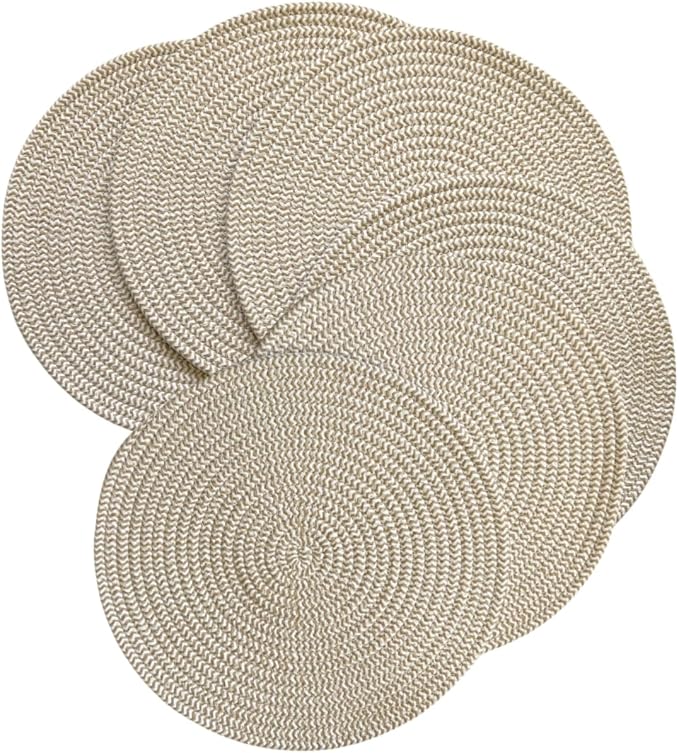 WAZAIGUR Round Placemats Washable Thick Cotton Absorbent 13 inch Round Table Mats for Kitchen Dining Table Set of 6 Round Woven Fabric Indoor/Outdoor Place Mats (Khaki and White, 6)