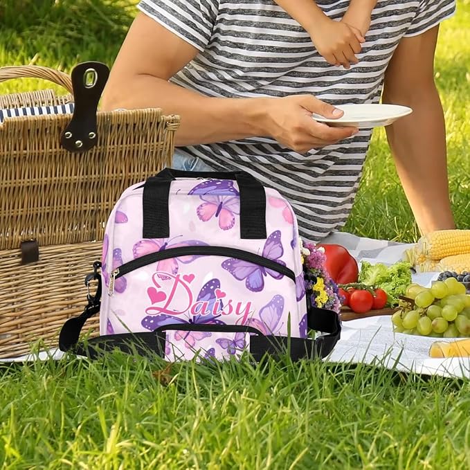 Personalized Butterfly Lunch-Bag for Women, Custom Insulated Cooler Lunch Box with Name, Leakproof-Reusable Lunch Tote Bag for Work Office Picnic - Pink Purple 2