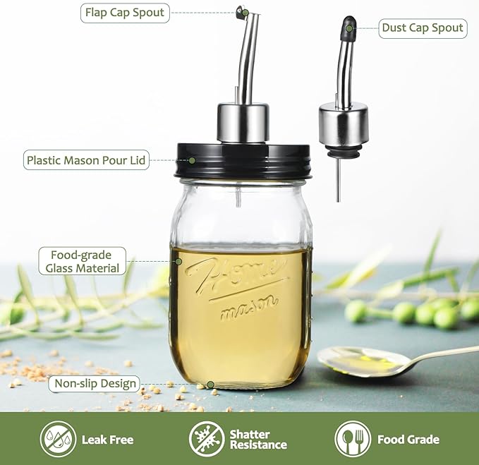 SheeChung Oil Dispenser Bottle for Kitchen, Glass Cooking Oil Bottle, 16oz Mason Jar Vinegar Dispenser Set with Brush, Stainless Steel Pour Spout, Rustic Farmhouse Kitchen Decor 1 Pack