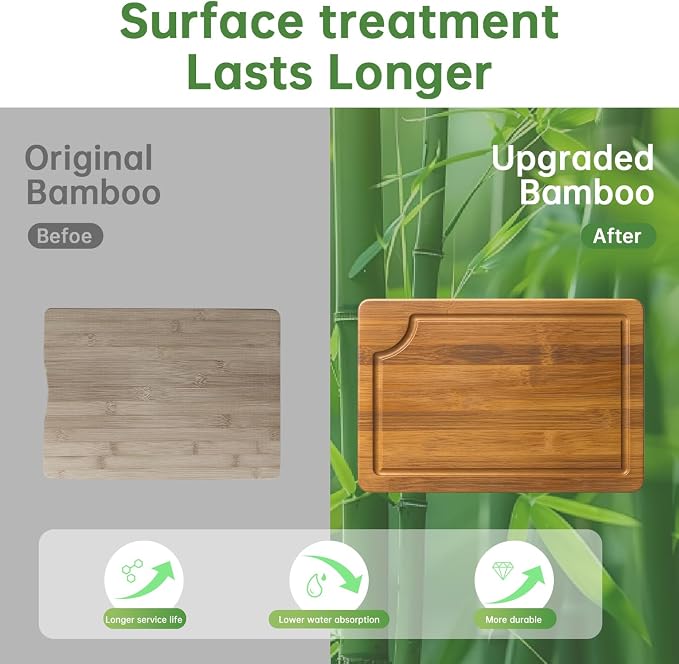 3 Pack Bamboo Cutting Boards Set for Kitchen, Chopping Boards with Deep Juice Groove, Thick Wooden Cutting Board for Meat, Vegetables & BBQ Prep