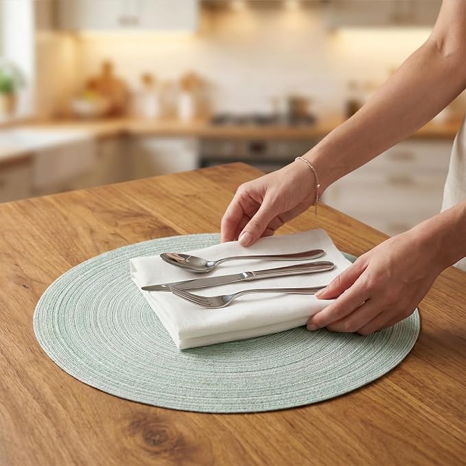 AHHFSMEI Round Braided Placemats Set of 6 Woven Table Mats for Dining Table Heat Resistant Easy to Clean Perfect for Kitchen & Home Decor (Fog Green)