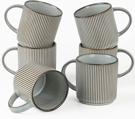 famiware Coffee Mug Set for 6, Star 12 oz Catering Mugs Cup Set with Handle for Coffee, Tea, Cocoa, Milk - Ceramic Stoneware Drinkware Set, Smoky Blue