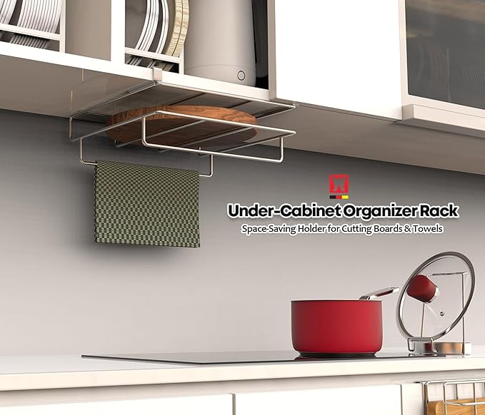 WAGENSTEIGER Stainless Steel Under/Over Cabinet Cutting Board and Kitchen Towel Rack – Space-Saving Rack for Countertop and Cabinet Door Storage, Chopping Board Holder (One-Layer)