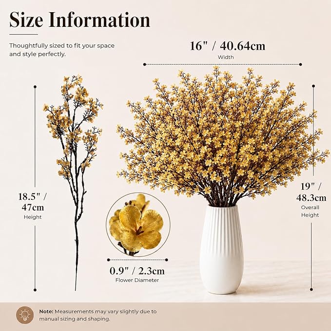 Mandy's Gold Artificial Baby’s Breath Flowers 15 Bundles Silk Gypsophila, 18.5 Inch European Style Modern Home Decor Centerpiece, Neutral Wedding Flower Arrangements