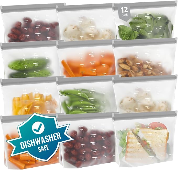 Dishwasher Safe Reusable Storage Bags Stand Up - BPA Free Reusable Sandwich Bags - Leakproof Gallon Freezer Bags, Food Storage Bags - Gray 12 Sandwich Bags