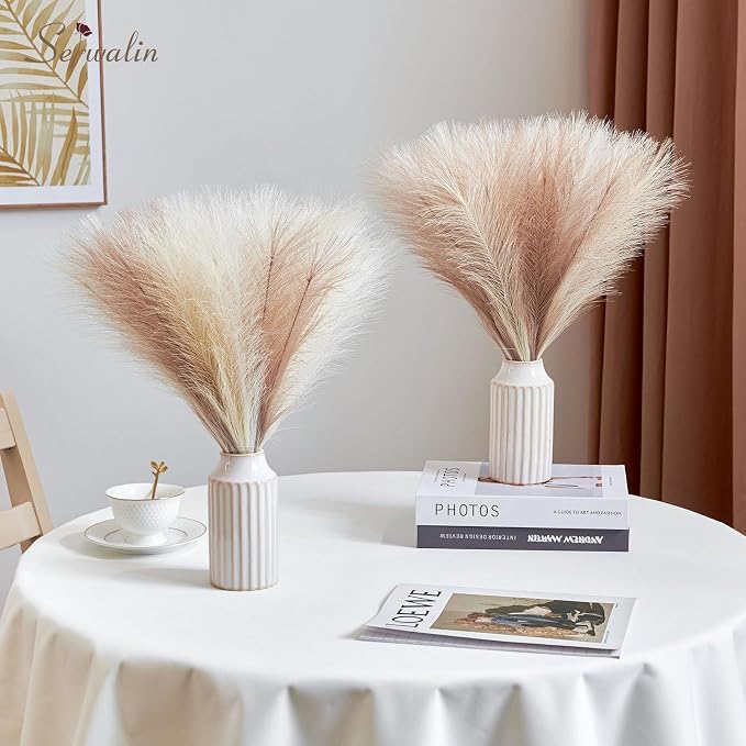 Serwalin 𝟲𝟬pcs Pampas Grass Decor, 𝟭𝟳.𝟳Inch Pampas Grass Home Decor, Faux Pampas Grass Bulk Boho Decor, Artificial Fake Flowers Fluffy, Vase Filler Faux Pampas Decoration Ivory Beige Sand