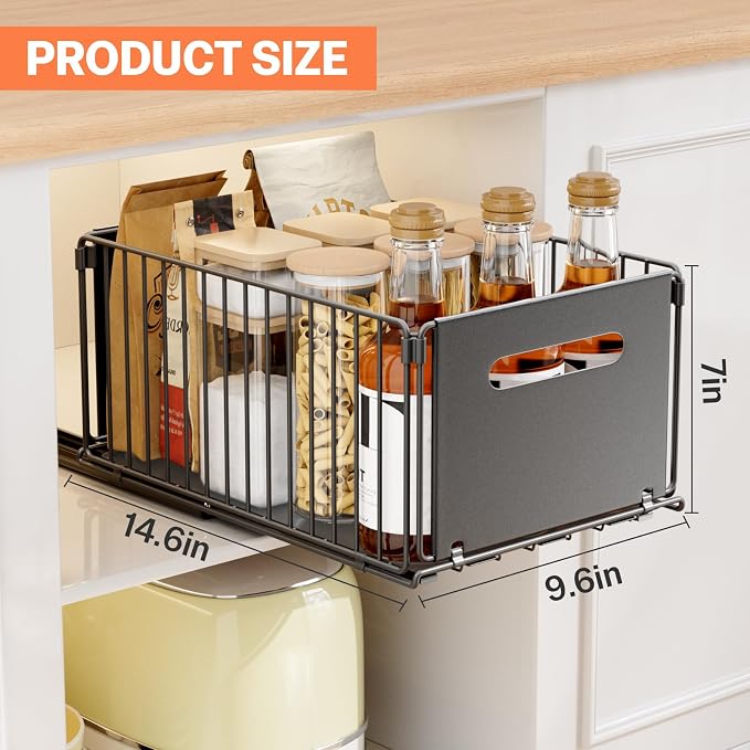 Pull Out Spice Racks for Inside Cabinets, Heavy Duty Under Sink Pull Out Organizer 2 Pack, Slide Out Drawers for Kitchen Cabinets, Bathroom, Pantry Organizers, 14.6”D x 9.6" W x 7" H, Black
