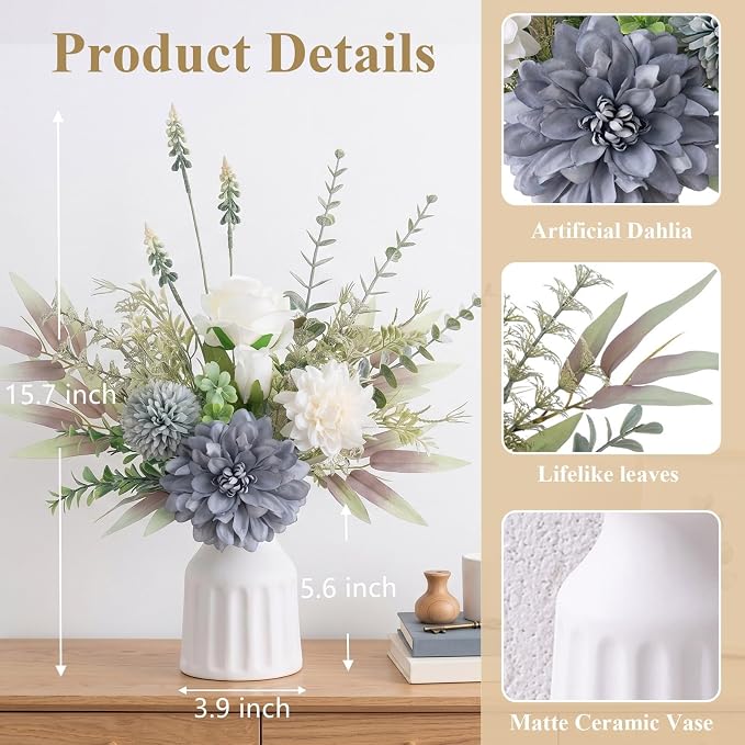 Fake Flowers in Vase, Artificial Flowers with Vase, 15.7'' Floral Arrangements for Dining Table Centerpiece Decor, Silk Roses & Faux Dahlia Bouquet for Farmfouse Kitchen Coffee Table Decor (Blue)