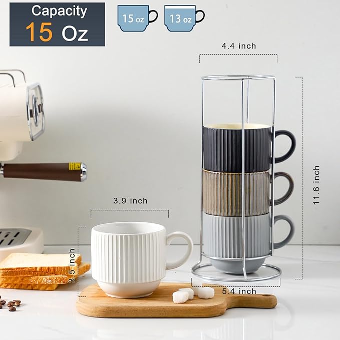HASENSE Large Coffee Mug Set of 4 with Rack - 15 oz Stacking Ceramic Ribbed Latte Cups Set for Cappuccino, Tea, Hot Cocoa, Drinks - Dishwasher & Microwave Safe Assorted Colors