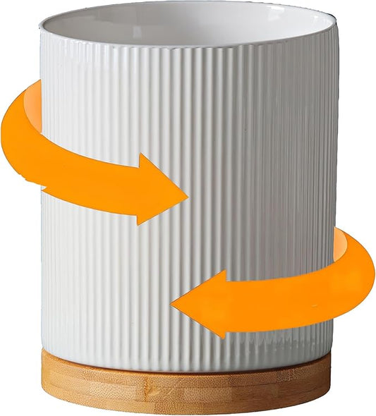 360° Rotating Utensil Holder for Kitchen Counter, 7.6'' Extra Large Utensil Caddy for Countertop, Modern Utensil Organizer for Spatula, with Rotatable Bamboo Base, Cream White
