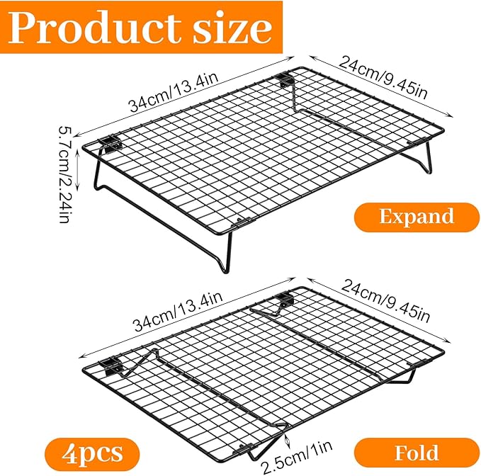 4 Pcs Cooling Racks, 13.4x9.45 Inch Cookie Cooling Racks For Baking, Stackable Carbon Steel Wire Rack with Folding Legs For Cooking, Roasting, Grilling