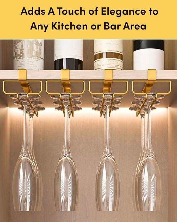LINFIDITE Gold Under Cabinet Wine Glass Holder, 2 Pack, Space Saving, Easy Installation, Anti-Skid, Compact Design, Sturdy Materials, Affordable Gift
