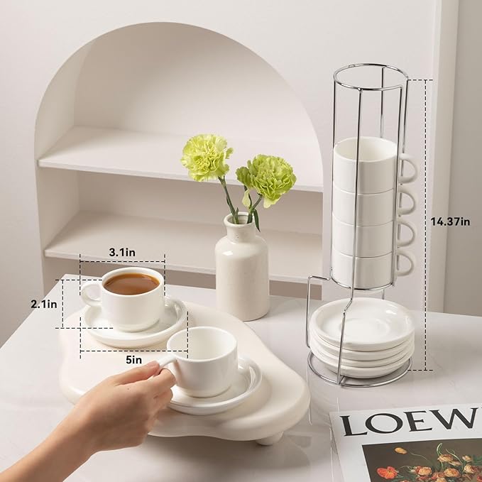 Sweejar Ceramic Espresso Cups Set of 6, Espresso Cup Stackable, 4 Oz Stackable Cappuccino Cups with Saucers and Metal Stand for Coffee Drinks, Americano, Latte, Tea (White)