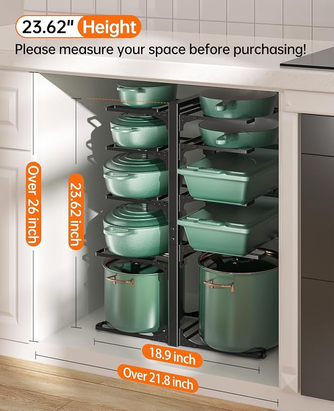 ORDORA Pots and Pans Organizer under Cabinet 23.62" Height, 10-Tier Kitchen Cabinet Organizers and Storage, Heavy Duty Pots and Pan Storage Rack Organizer inside Cabinet, Adjustable Pot Rack