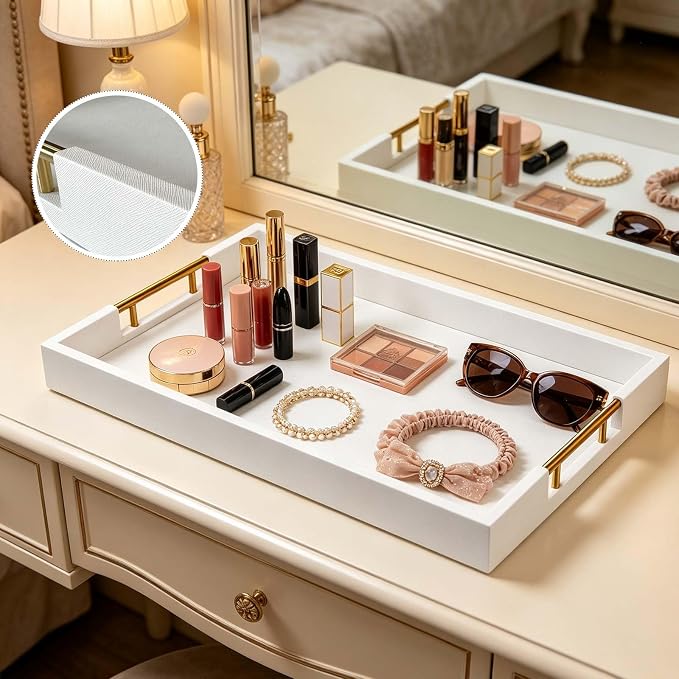 12×20 Inches White Faux Leather Coffee Serving Tray Decorative Ottoman Trays with Gold Metal Handles Decor for Living Room Rectangle Large Bed Breakfast Organizer for All Occasions Multipurpose Using
