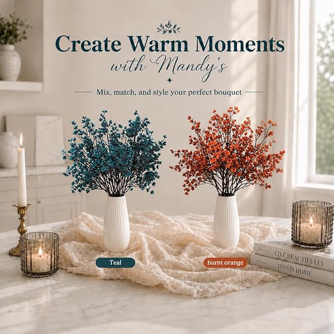 Mandy's Teal Artificial Baby’s Breath Flowers 15 Bundles Silk Gypsophila, 18.5 Inch European Style Modern Home Decor Centerpiece, Neutral Wedding Flower Arrangements